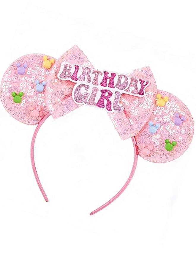 Happy D Birthday Minnie Ears Headband, Birthday Party Crown Headband Glitter Crown for Girl, Birthday Party Supplies (Pink) - Image 1